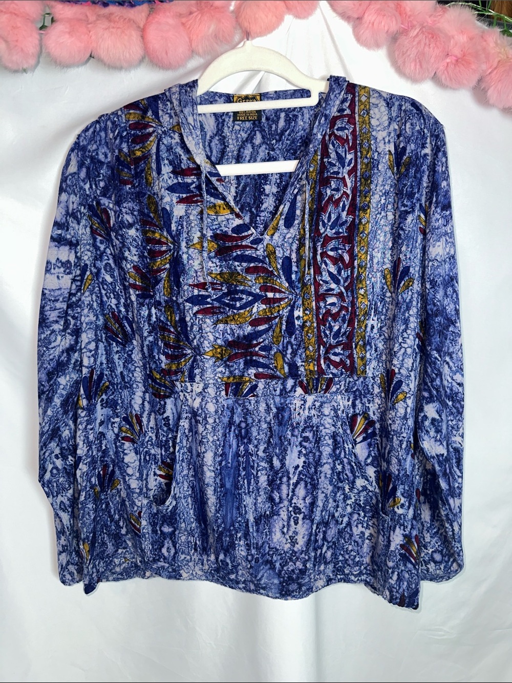 Women's Blue Printed V-Neck Tunic with Multicolor Trim